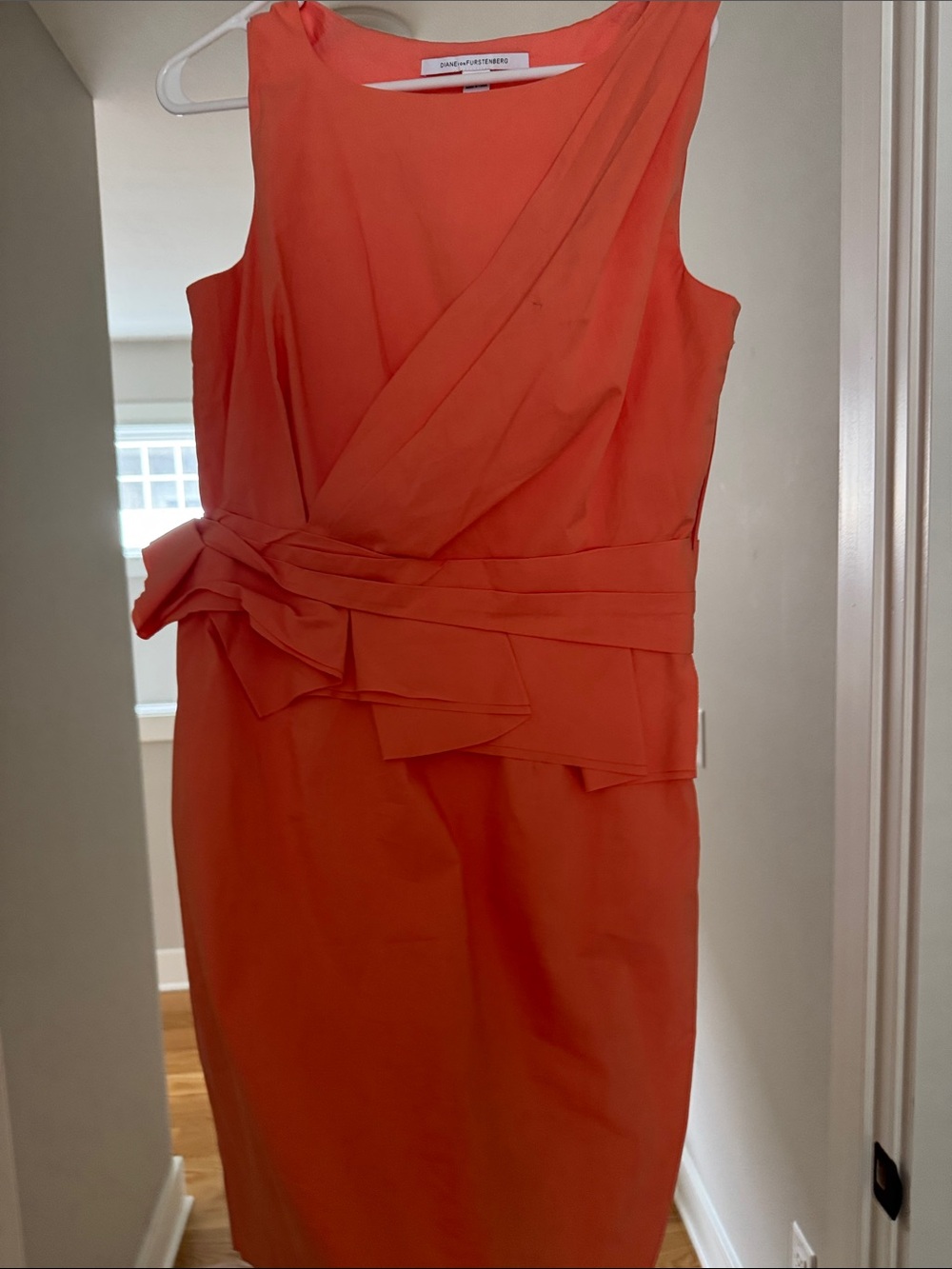 Diane Von Furstenberg Coral-Orange Sleeveless Sheath Dress with Draped Waist